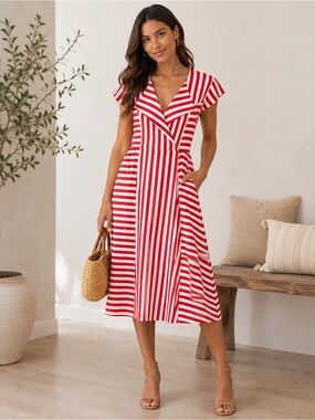 eshakti Red and White Striped Midi Fit-and-Flare Dress